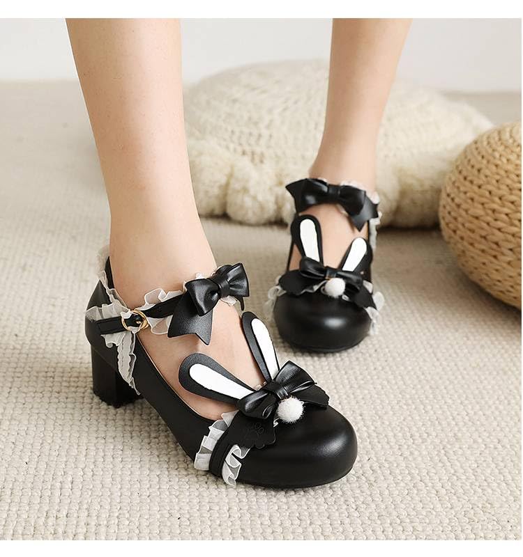 Women Lolita Bunny Bow Mary Jane Pumps Shoes Low Block Heels with Lace3