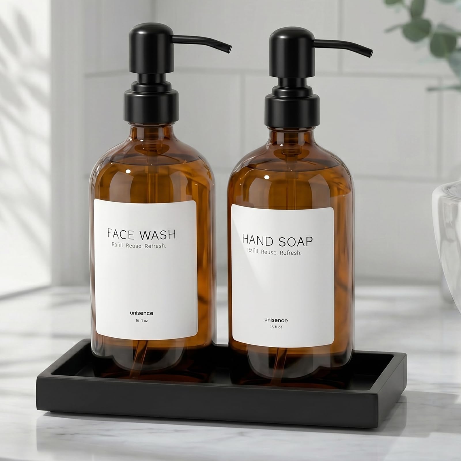 Photo 1 of 2 Packs Glass Dish Soap Dispenser Set for Kitchen, Hand and Dish Soap Dispenser with Stainless Steel Pump & Resin Tray, Rental-Modern Refillable Countertop Soap Dispenser for Bathroom,Amber