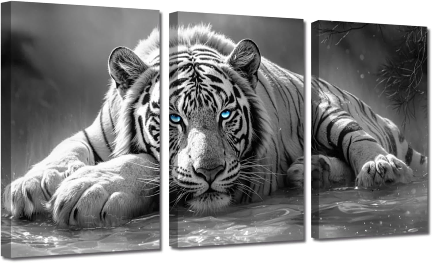 PBXBJY 3 Panels White Tiger Canvas Wall Art Wild Animal Picture Wall Decor Blue Eyes Poster Tiger Portrait Painting for Office Living Room Bedroom Home Decor (Black, (12.00" x 16.00" x 3PCS))