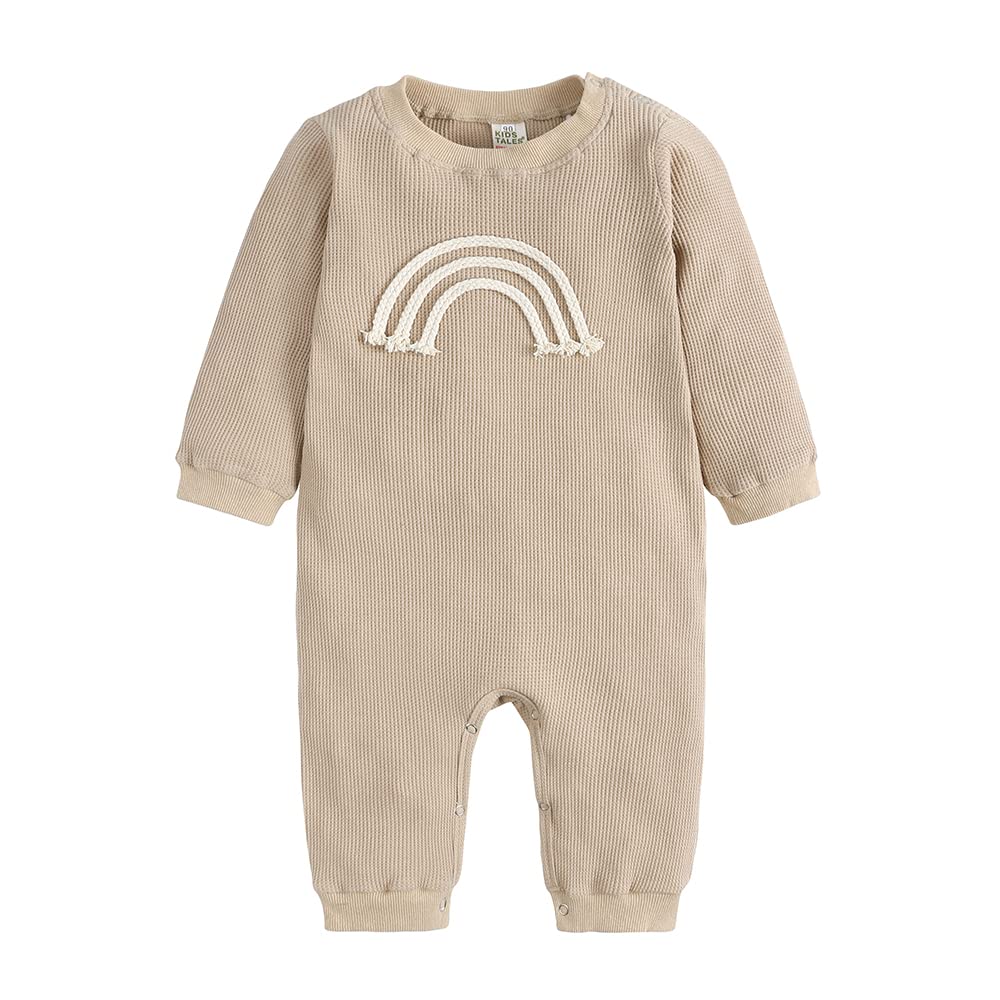 Kids TalesNewborn Baby Romper Crewneck Long Sleeve Bodysuit Infant Boys Girls Fall Playsuit Waffle Fabric Rainbow Jumpsuit