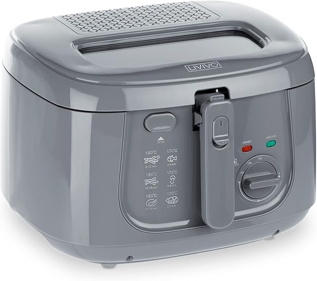 LIVIVO Electric 2.5L Deep Fat Countertop Fryer Non-Stick Coating, Internal Mesh Basket with Safety Handle and Viewing Window Easy Clean (White) (Grey)