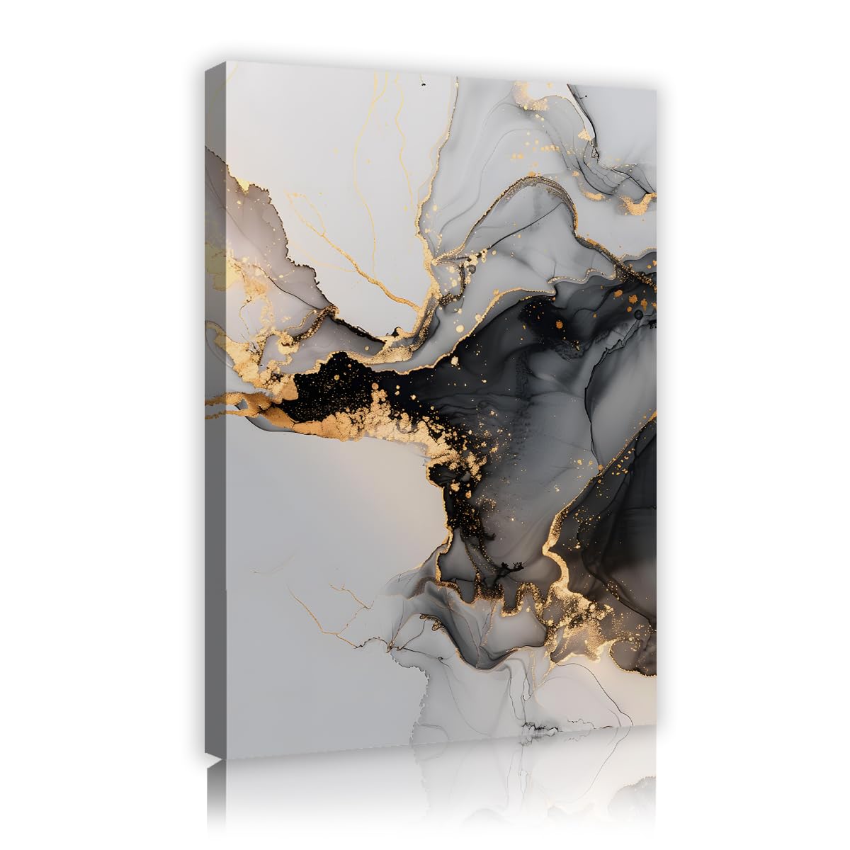 Via Vela Fbh05 Contemporary Luxury Canvas Wall Art Abstract Fluid Flow Mural Black Grey Liquid Swirl Pattern Gold Color Art Print For Entryway Living Room Corridor Decor 70X110cm