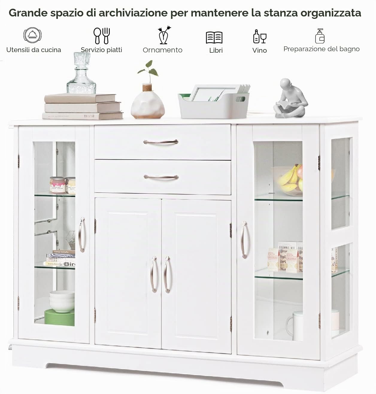 GIANTEX Credenza e Buffet a Ripiani, con 4 Ante e 2 Cassetti, Mensole Regolabili, Armadietto Laterale per Soggiorno, Sala da Pranzo, Cucina, 107 x 30 x 82 cm, Bianco