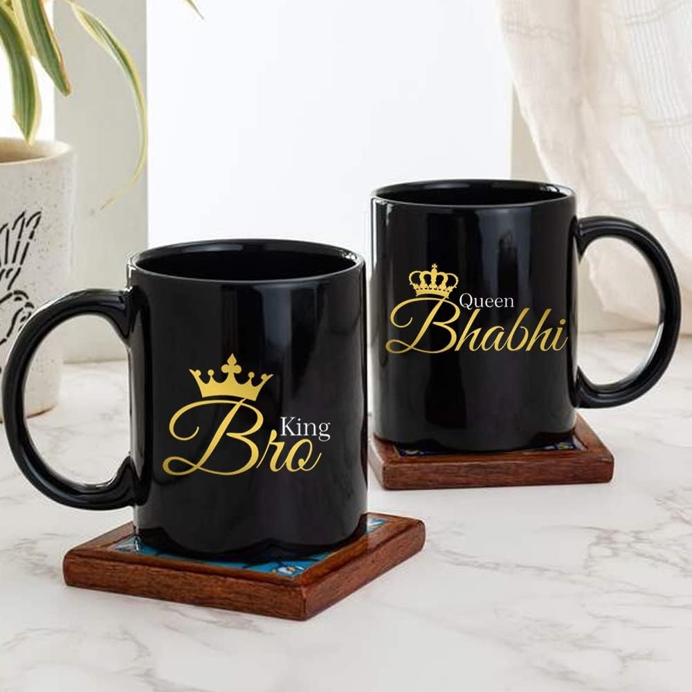MYGIFTYSHOP King Bro Queen Bhabhi Printed Black Designer Tea and Coffee Ceramic Mug (Set of 2)- Rakhi Anniversary Gift for bhai bhaiya bhabhi Brother Sister in Law