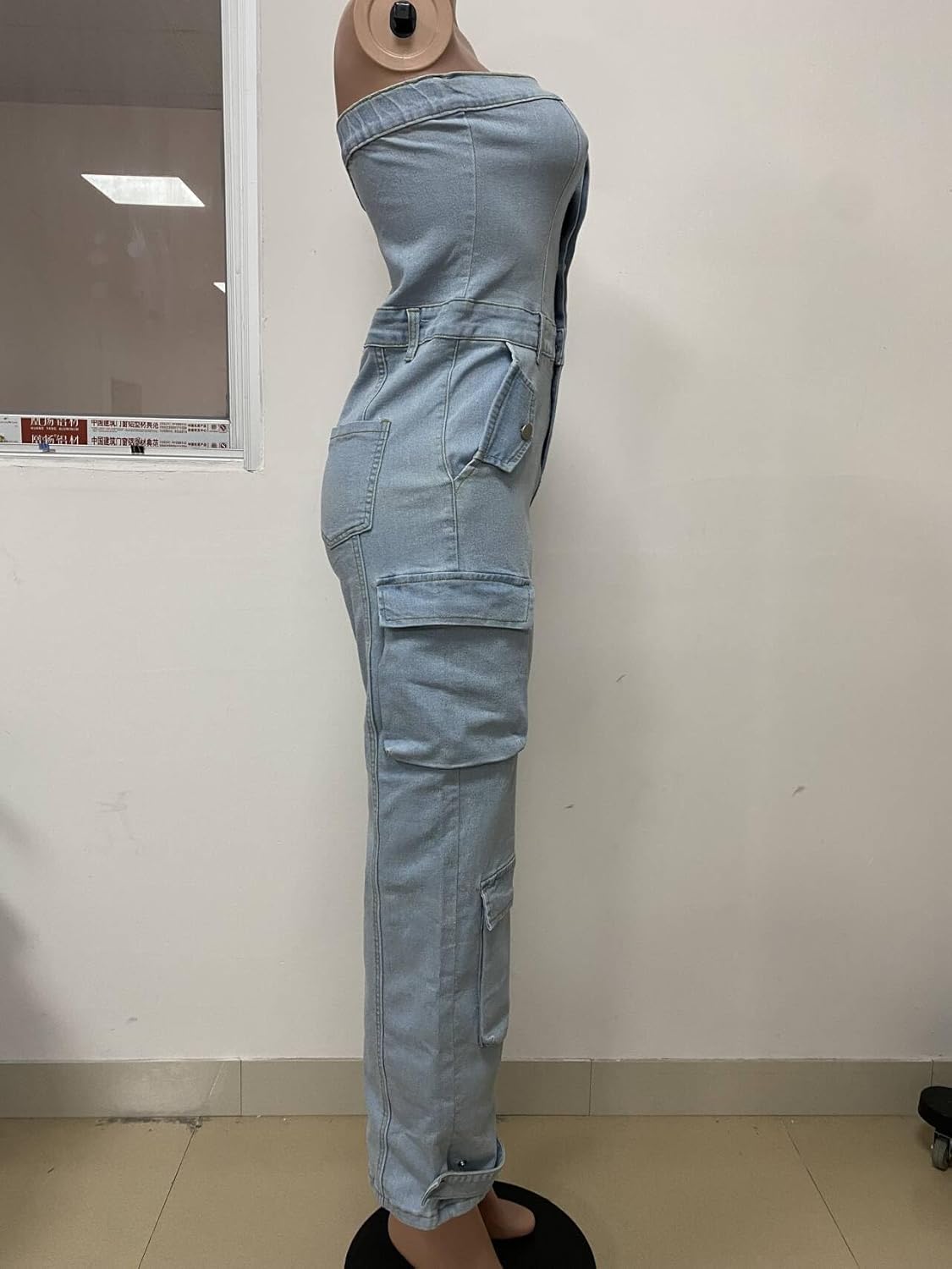 Women's Sexy Strapless Denim Cargo Jumpsuit Button Down Bustier Romper with Pockets, Casual Streetwear - Image 4