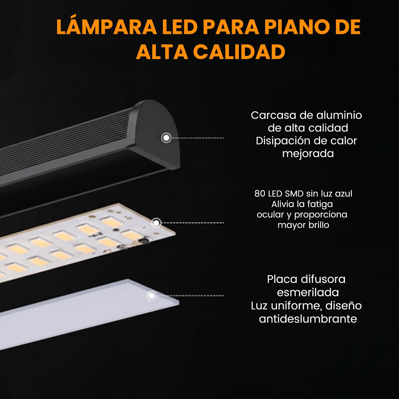 Lámpara LED para Piano, 3 modos de color, 10 niveles de brillo regulables, alimentación USB, tubo flexible de 360°, base metálica estable, adecuada para piano y escritorio