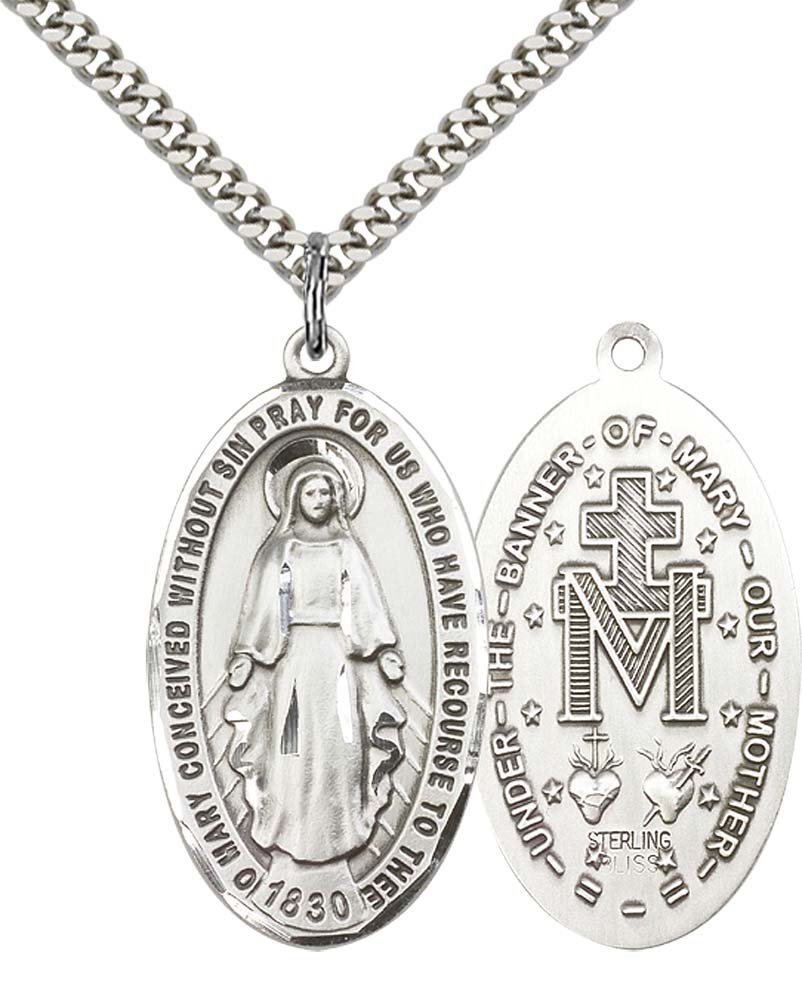 F A Dumont Sterling Silver Miraculous Pendant with 24" Stainless Steel Heavy Curb Chain.