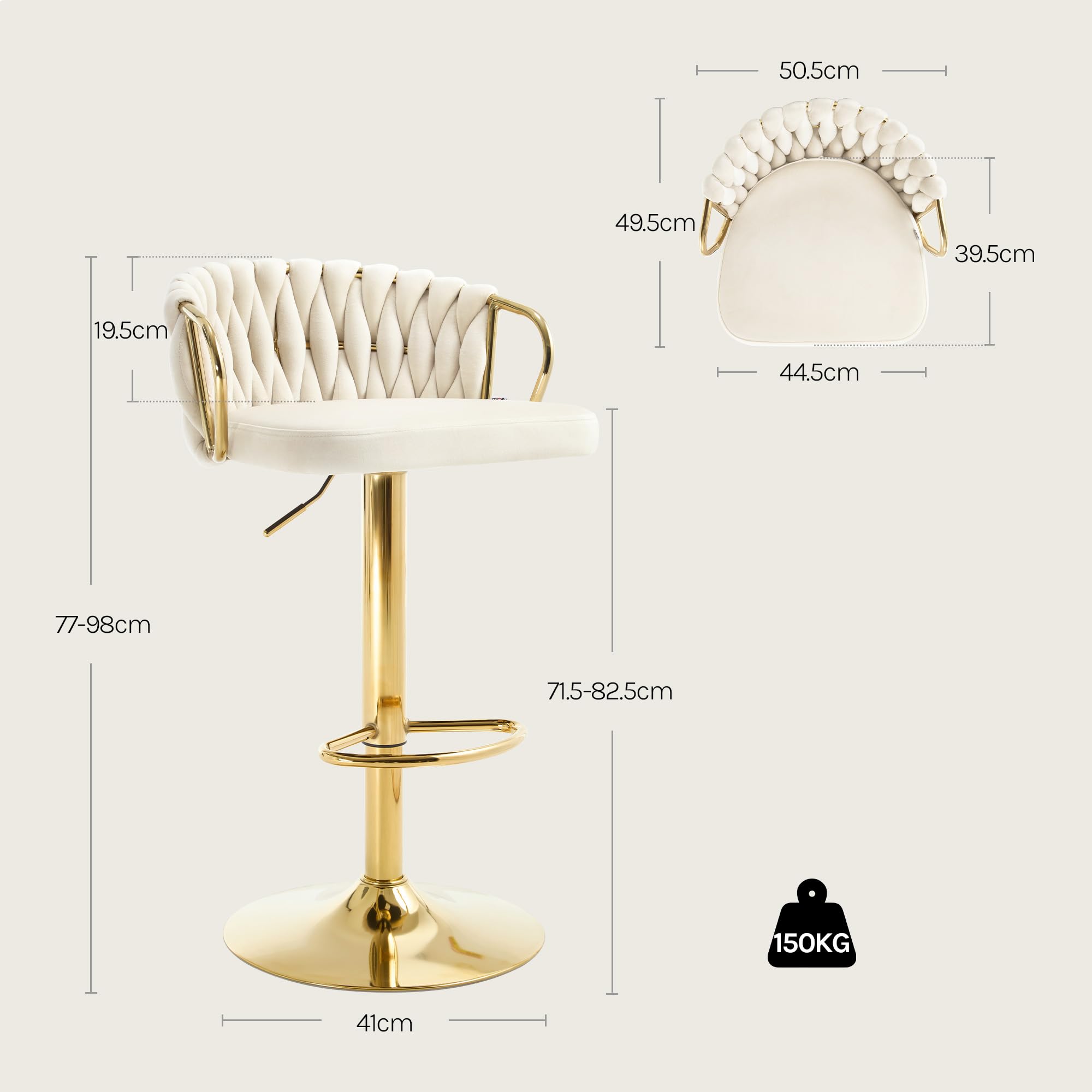 WOLTU Taburete de Bar, Taburete Alto de Cocinacon Respaldo y Reposapiés, Altura Ajustable, Base de Metal, Terciopelo, Crema