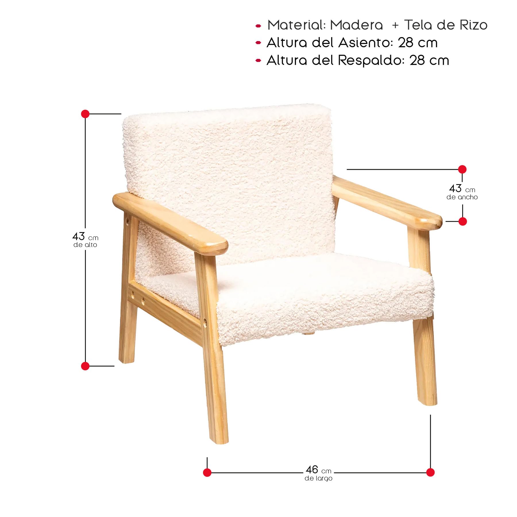 TIENDA EURASIA – Sillon Infantil Basile | Color Crudo | Medidas 46x43x43 cm | Altura del Asiento y Respaldo 28 cm | Espuma, Tela de Rizo y Madera de Pino | Reposabrazos Acolchado | Silla Infantil