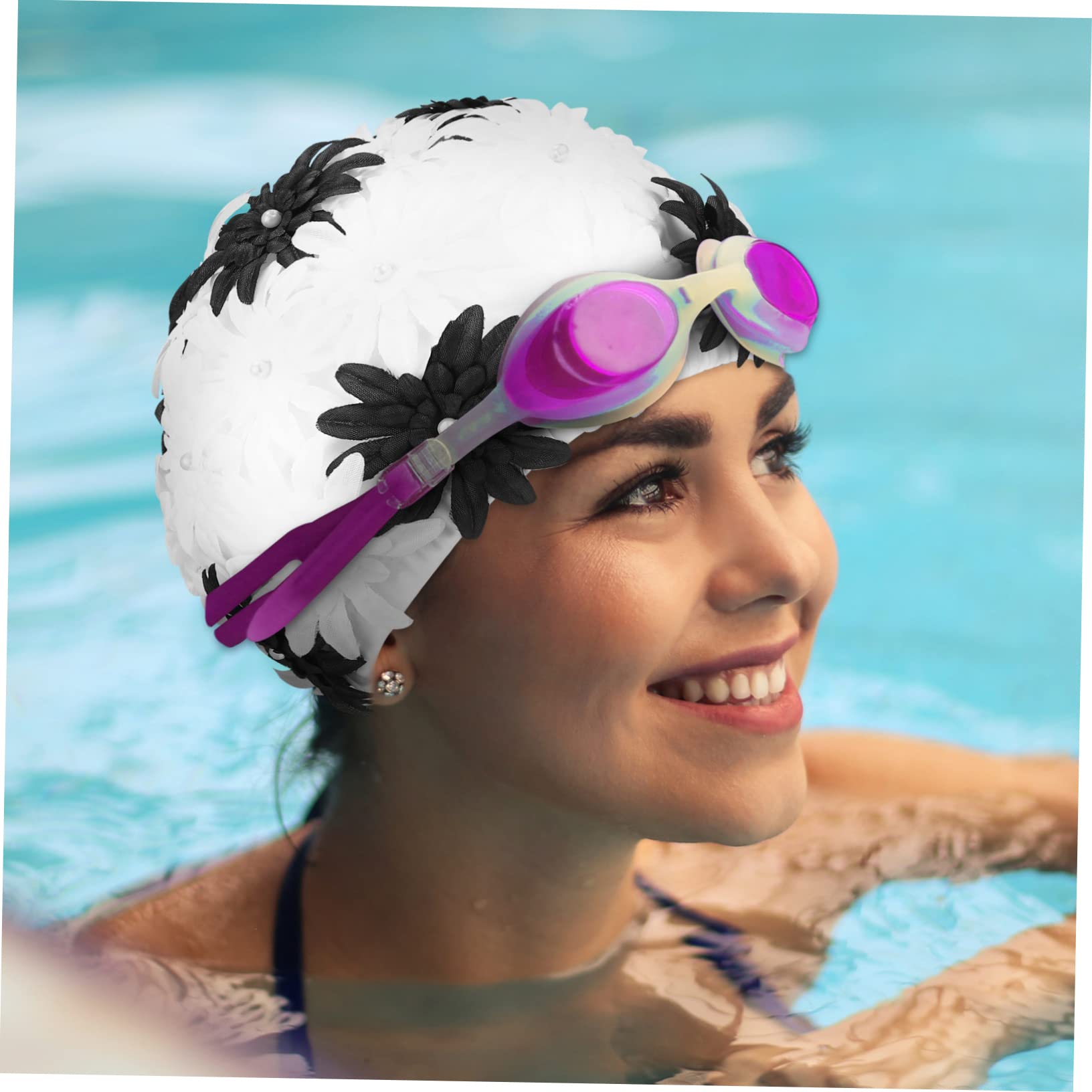 BESTonZON Gorro de Natación Doble Capa para Mujeres con Diseño de Flor de Perlas Gorro y Transpirable para Actividades Rafting y Natación