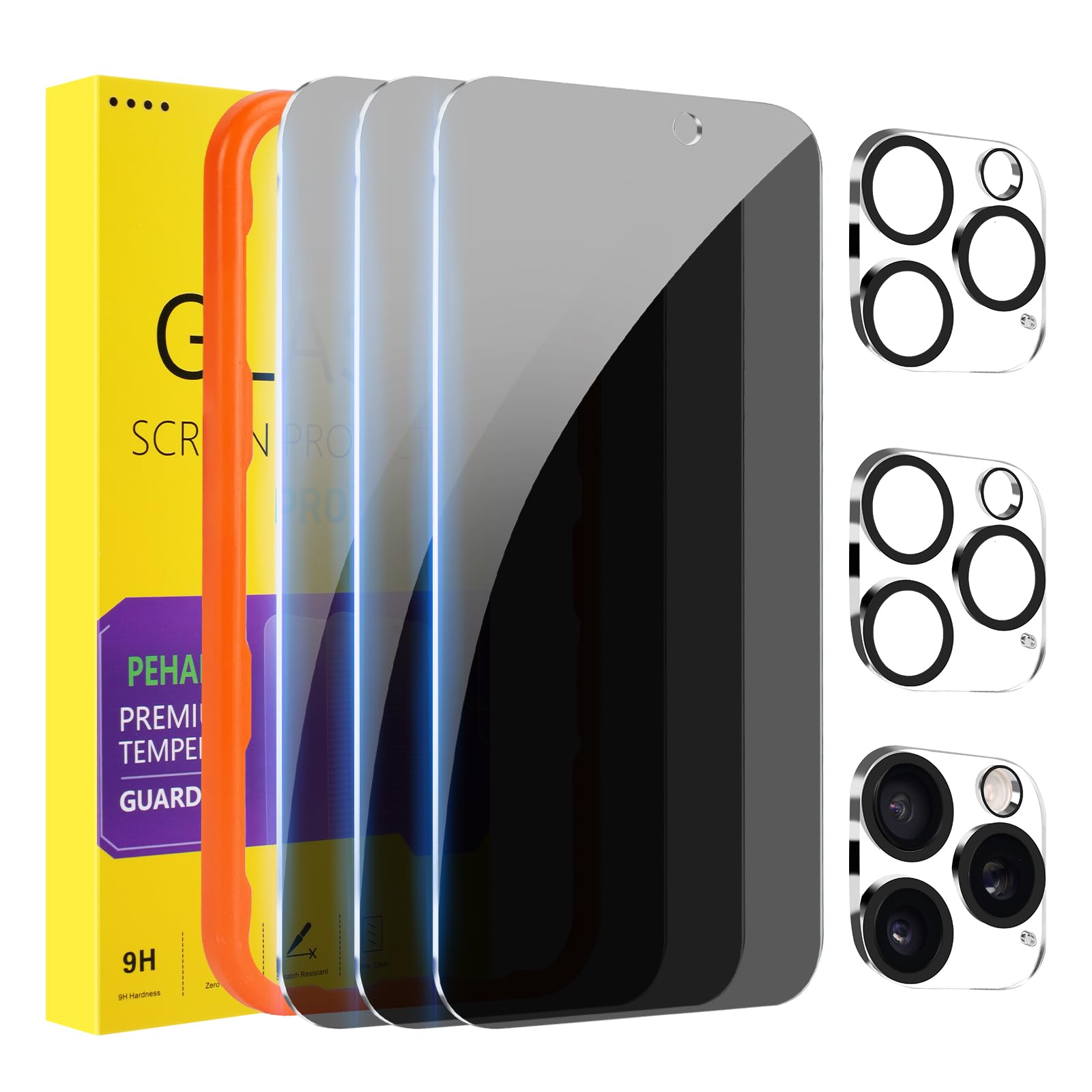 PEHAEL 3+3Pack for iPhone 16 Pro Max Privacy Screen Protector with Camera Lens Protector Full Coverage Anti-Spy Tempered Glass Film 9H Hardness Easy Installation Bubble Free [6.9 inch]