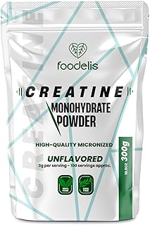 Foodelis Creatina Monoidrato Micronizzata in Polvere 300 g – Senza Sapore – 100% Creatina Pura – Senza Additivi – Vegana – Alta Solubilità – Misurino Incluso