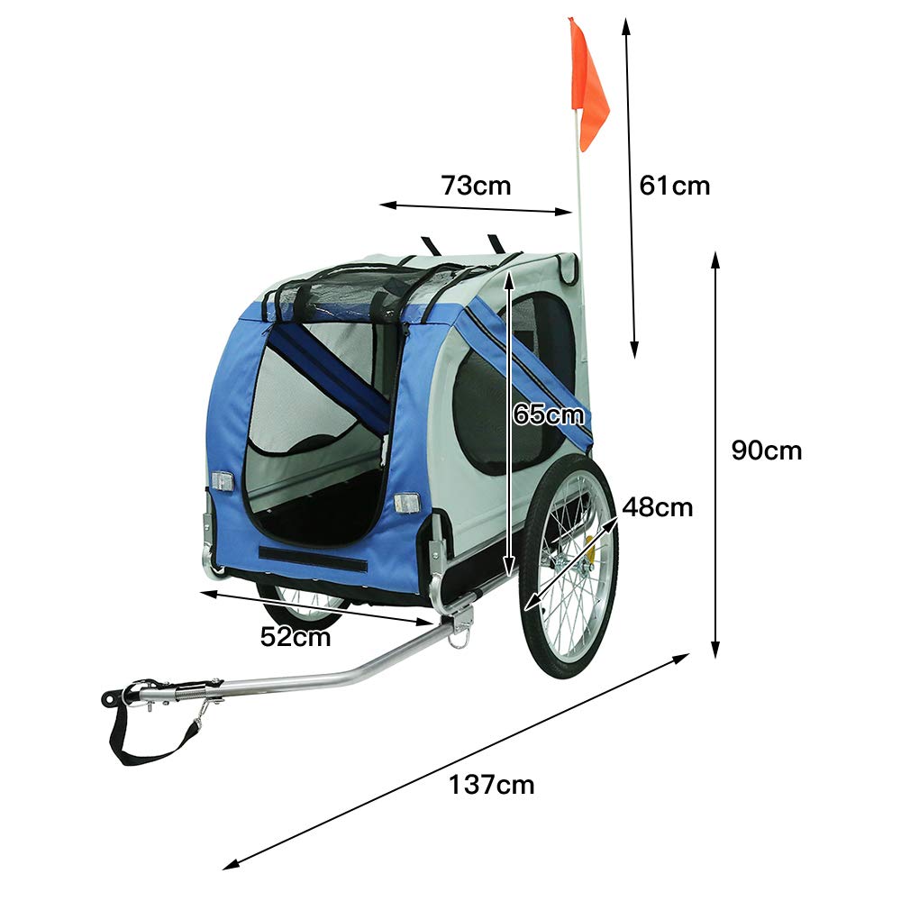 Remorque vélos pour Chiens, Remorque à Vélo Pliable, Remorque de Vélo Universel en Tissu Oxford avec Reflecteurs, env. 73×137×90 cm, Charge Max. 40 kg, Bleu-Gris