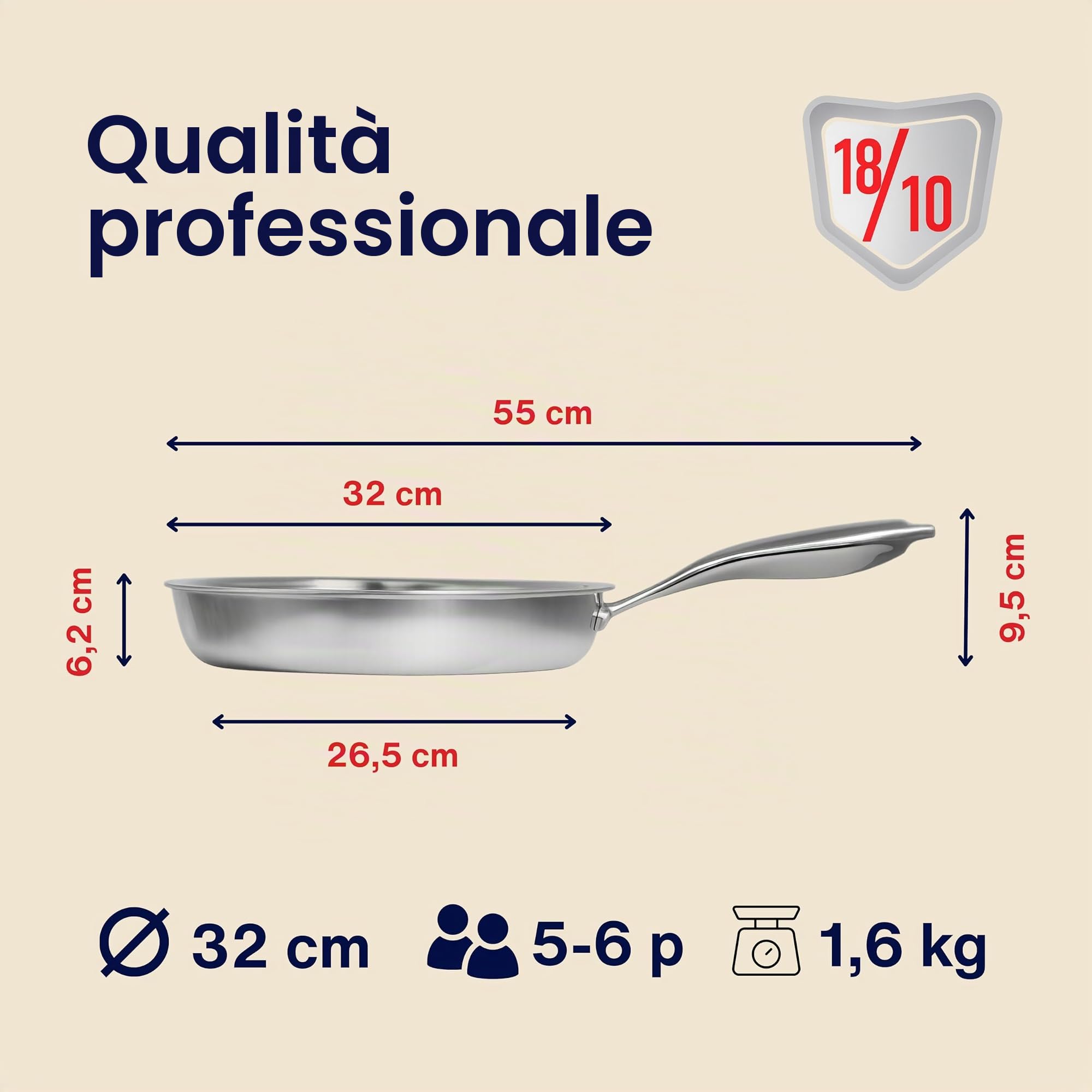 Padella in acciaio inox 18/10 triply – 32 cm – Senza rivestimento – Senza PFAS, PFOA, PTFE – Compatibile con tutti i fornelli di cui induzione – Manico rivettato freddo – Cottura sana e
