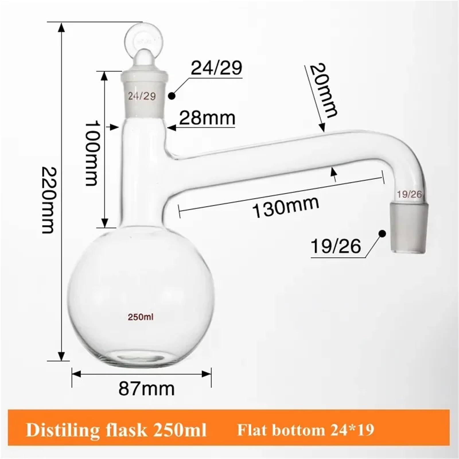 Matraz de destilación de 250 ml, matraz de vidrio, for agua destilada, cristalería de laboratorio(Round bottom 24x24)