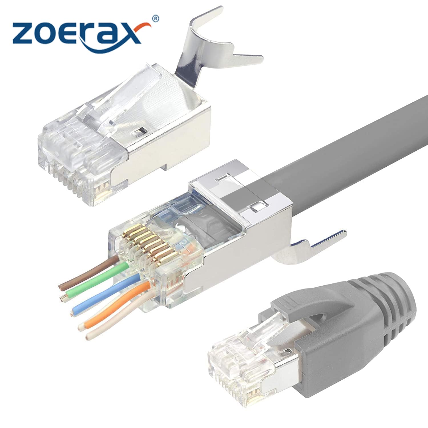 Conector Directo RJ45 Cat7 Cat6A, Conector Modular Chapado en Oro de 50 μ de 3 Pines, Extremo Ethernet con Funda de Alivio de tensión(50PCS,Blue)