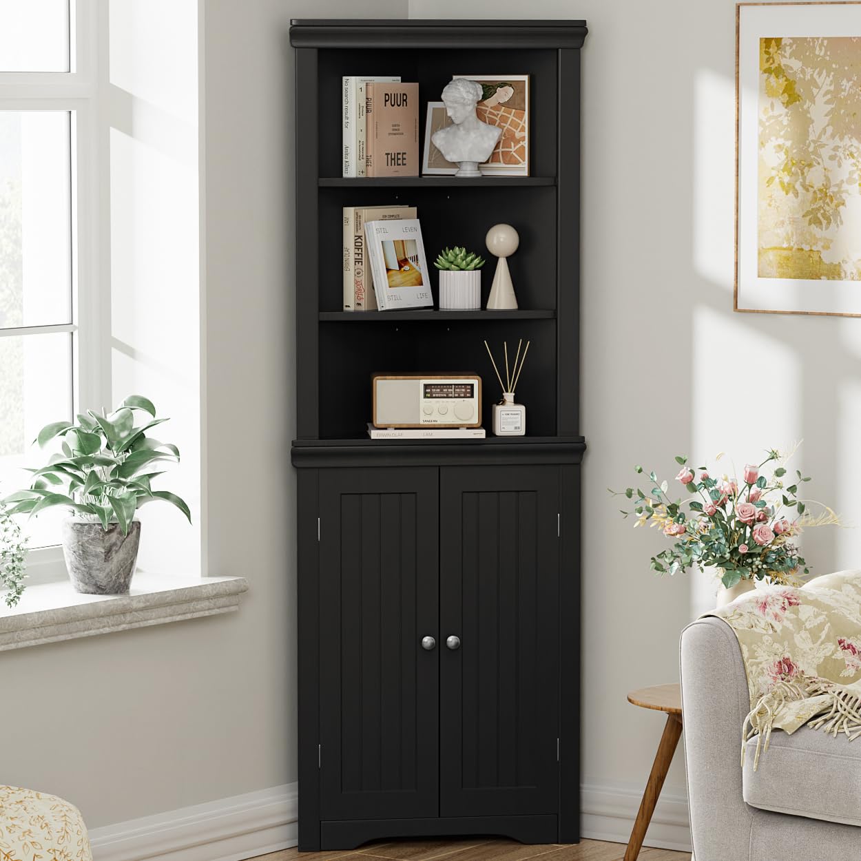 YESHOMY Tall Corner Cabinet, Storage Cabinets with Adjustable Shelves and Barn Door Design, Home Space Saver for Bathroom, Living Room, Kitchen,Laundry Room,Black