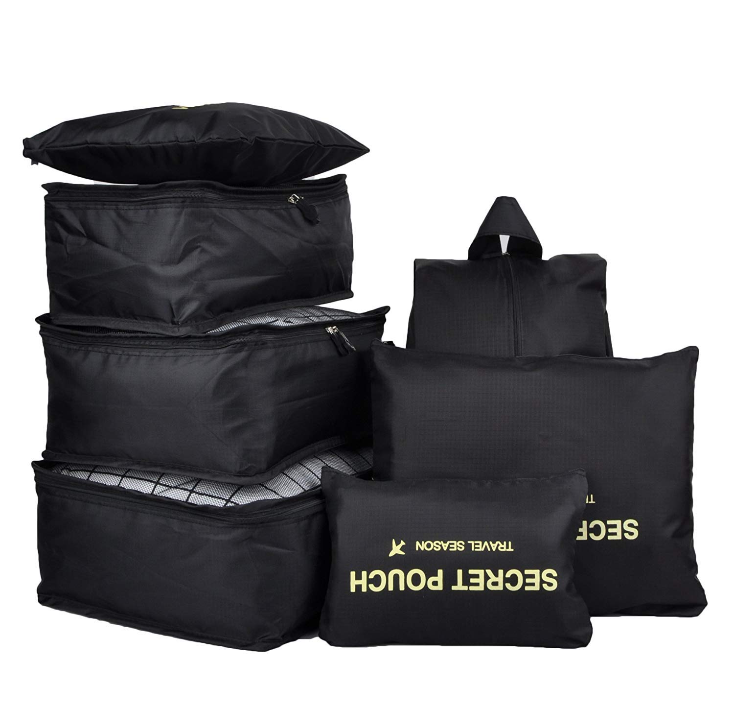 Mulup_uk A-Black 7Pcs Luggage Organiser Set Compression Pouch Packing Cubes Travel Storage Bags Clothes Suitcase,Black