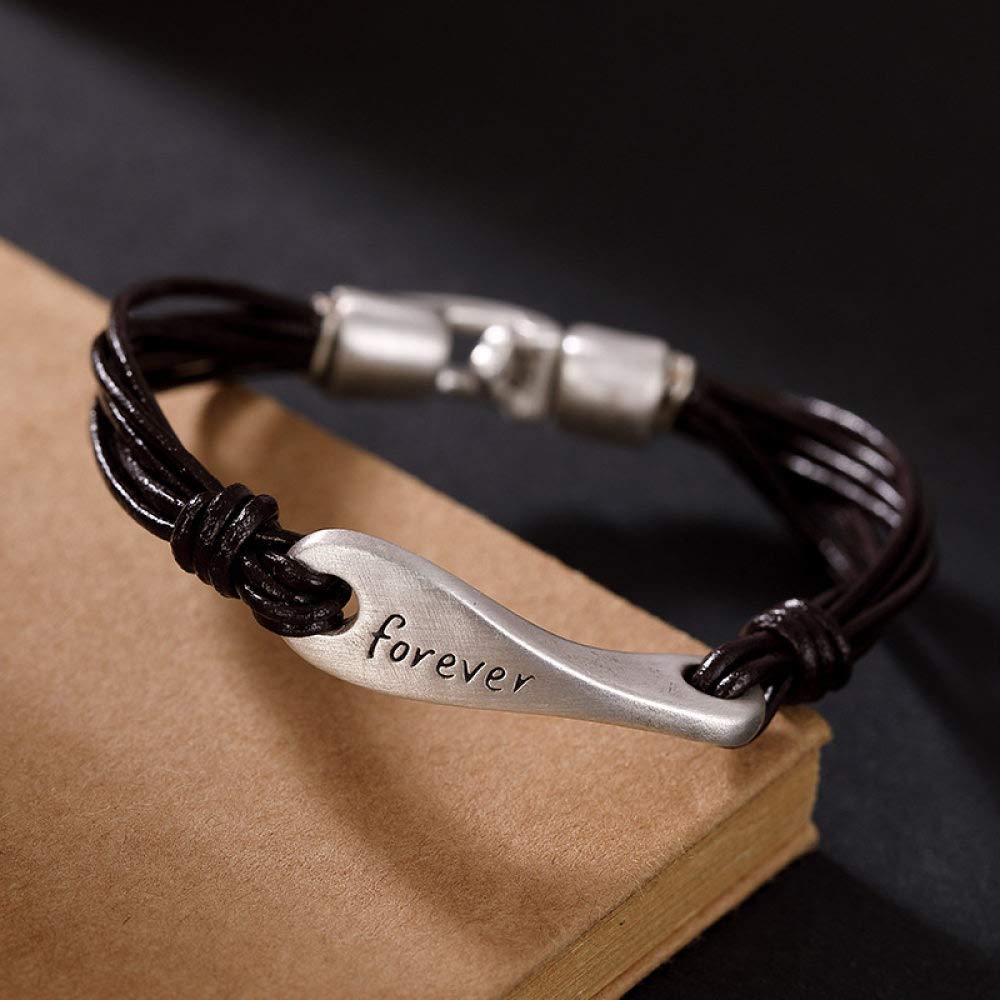 S925 Vintage Pulsera De Plata para Mujeres Hombres Literaria Cuerda De Cuero Eterna Sencillo Y Simple Estilo Chino Personalidad Creativa Encanto Hermoso Regalo