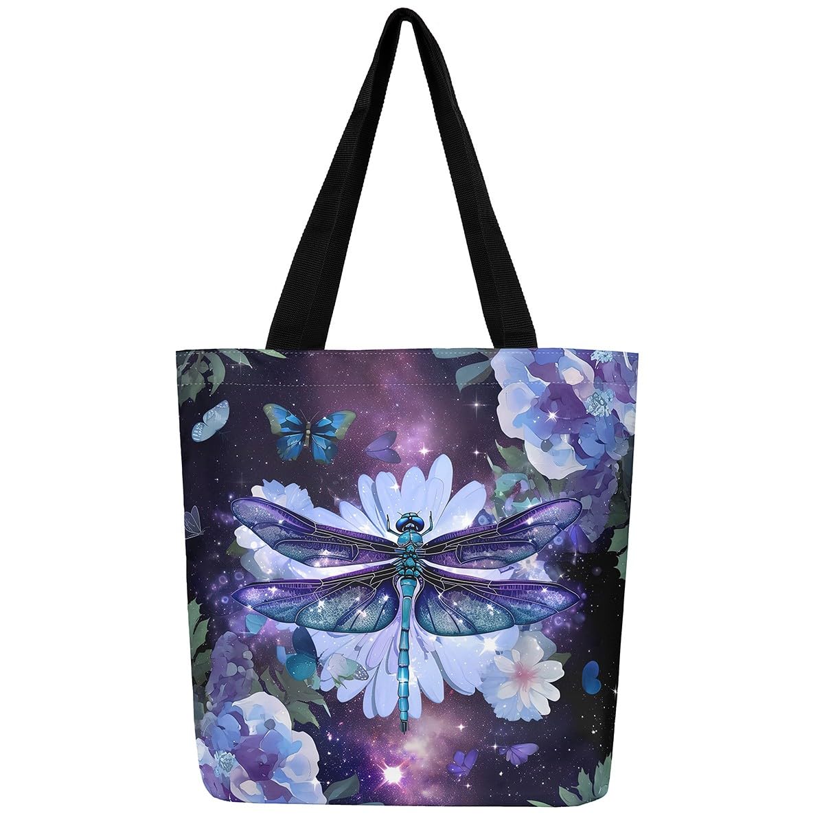 Homewish Dragonfly Canvas Tote Bag for Women,Purple Flowers Foldable Beach Bag Rustic Aesthetic Animal Reusable Cloth Cotton Bags