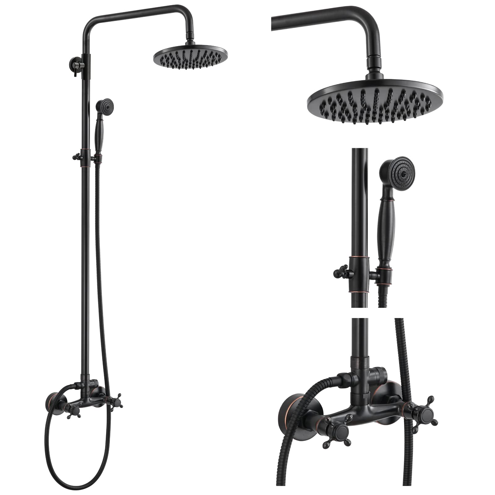 Hcfyauis Oil Rubbed Bronze Dual Functions Exposed Pipe Shower System Round 8 Inch Rainfall Shower Head Brass Fixture Combo Set Two Handles Bathroom Shower Faucet Adjustable Showerhead Bar,
