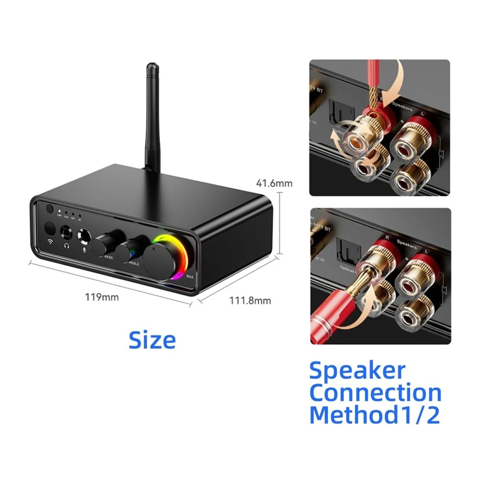 Amplificatore audio da 200 W Bluetooth 5.3 Classe D Canale 2.0 Amplificatore HiFi con luce RGB Per l'home cinema