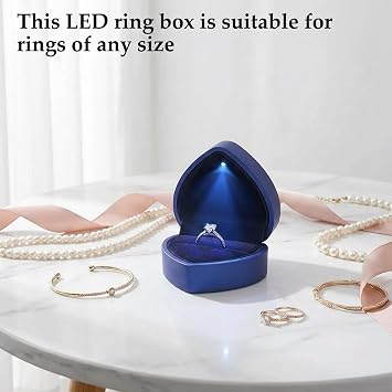 LED Lighted Heart Shape Engagement Ring Box Luxury Ring Case with Automatic Light, Romantic Jewelry Gift Box for Proposal, Wedding, Anniversary, Ceremony (Blue)