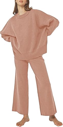 Pink Queen Conjunto de 2 piezas para mujer, suéter de punto sin botones y pantalones de pierna ancha, conjunto de chándal suelto