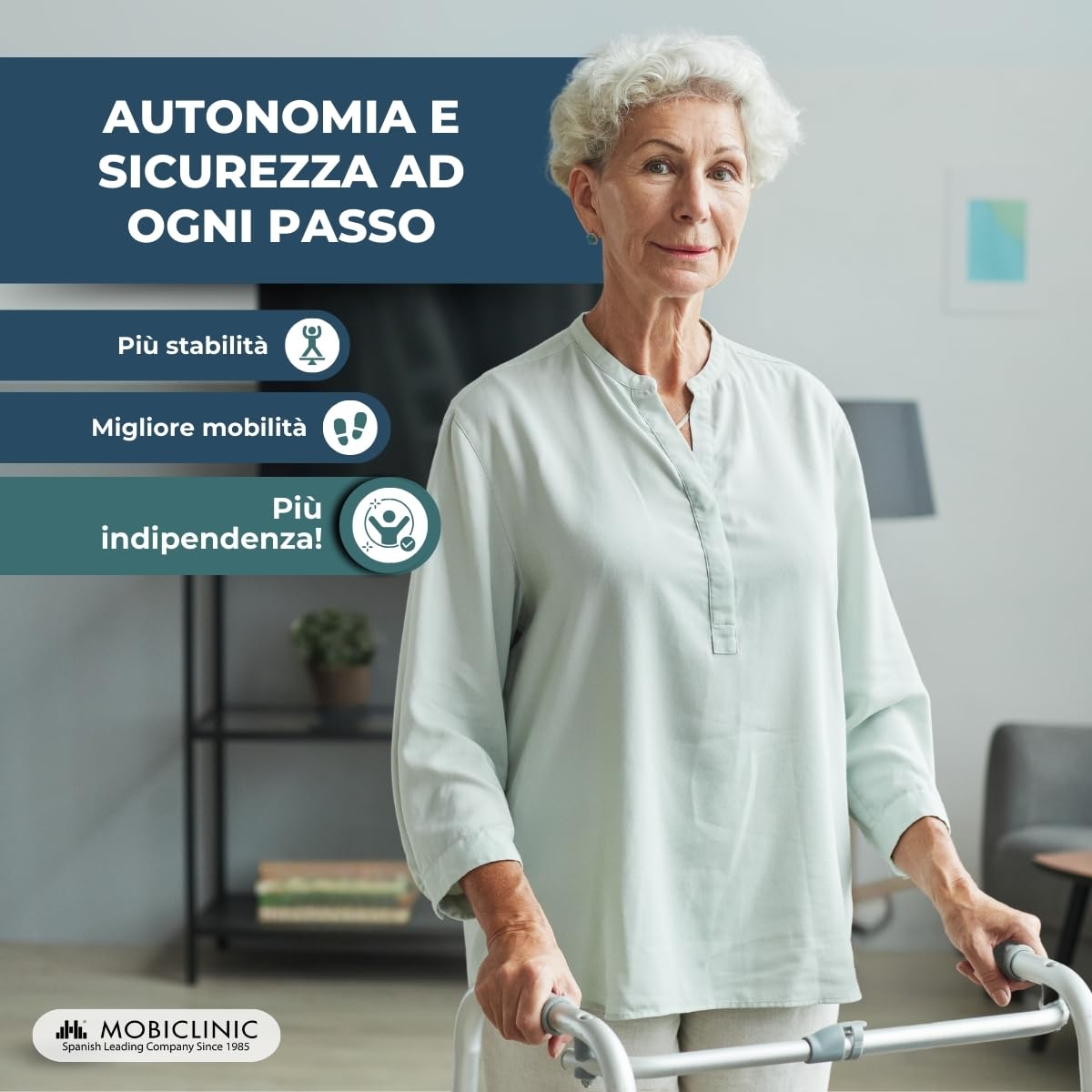 Mobiclinic®, Telaio per anziani, Modello capitel, Marchio europeo, Pieghevole, Regolabile in altezza, Antiscivolo, Adulti o disabili, Leggero e robusto, 2 ruote, Alluminio, Colore grigio