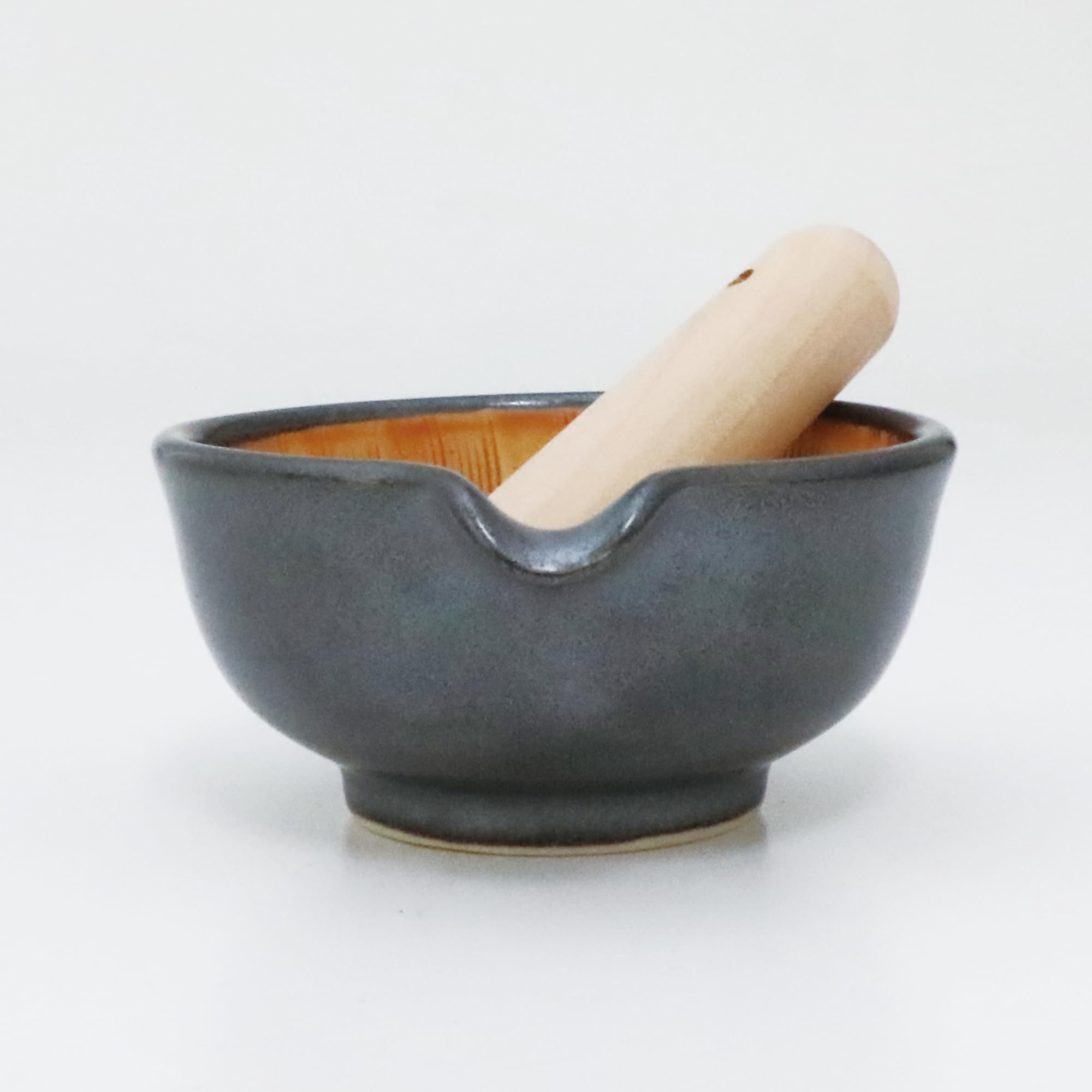 SASUGA Juego de mortero y mortero japonés Suribachi, cuenco de molienda tradicional de cerámica con mortero de madera para salsas, sésamo, especias y hierbas (negro)