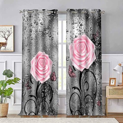 EOTDMS CLOKEO0146 - Cortinas con estampado de rosas rosas para sala de estar, dormitorio, 42 x 84 pulgadas, poliéster, diseño de gotas de lluvia EOTDMS CLOKEO0146 - Cortinas con estampado de rosas rosas para sala de estar, dormitorio, 42 x 84 pulgadas, poliéster, diseño de gotas de lluvia