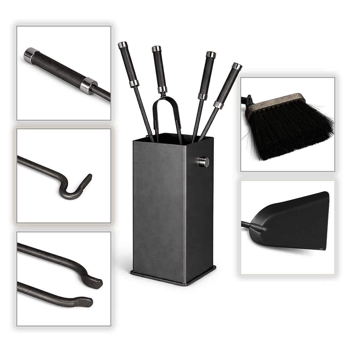 MS Beschläge Kamingarnitur Anthrazit 5-tlg. massiv Stahl – Kaminbesteck modern eckig mit geschlossenem Behälter - Kamin-Set Ofenbesteck-Set massiv & robust - Ofengarnitur Chrom-glänzende Akzente