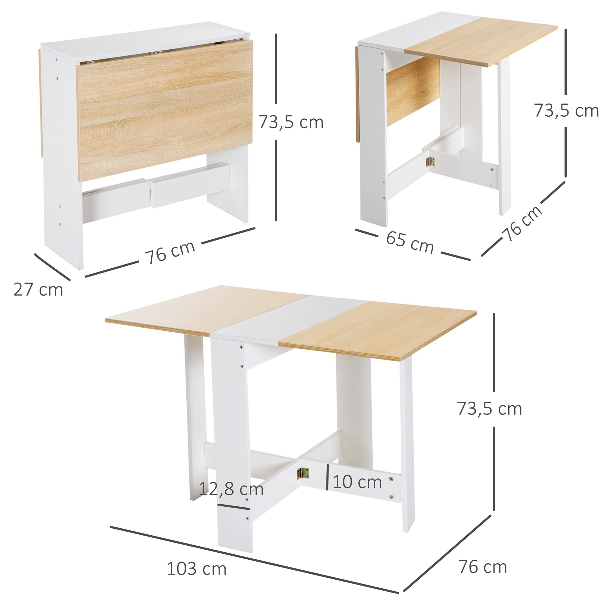 HOMCOM Table de Cuisine Pliable en Bois 103L x 76l x 74H cm Chêne Blanc