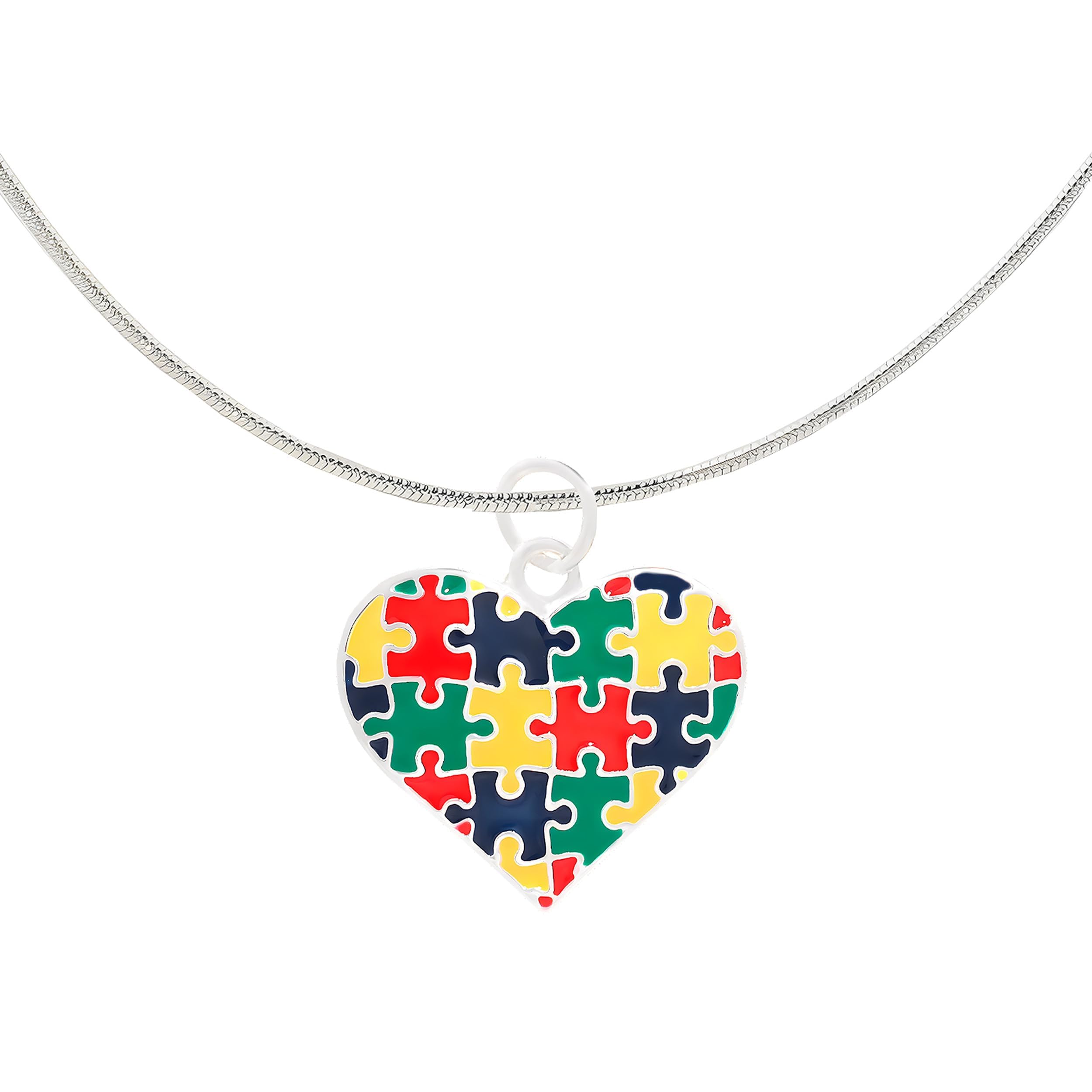 10 Pack Autism Heart Necklaces with Colored Puzzle Pieces – Autism Awareness Heart Pendant Necklaces for Fundraising Events, Resell & Support Groups