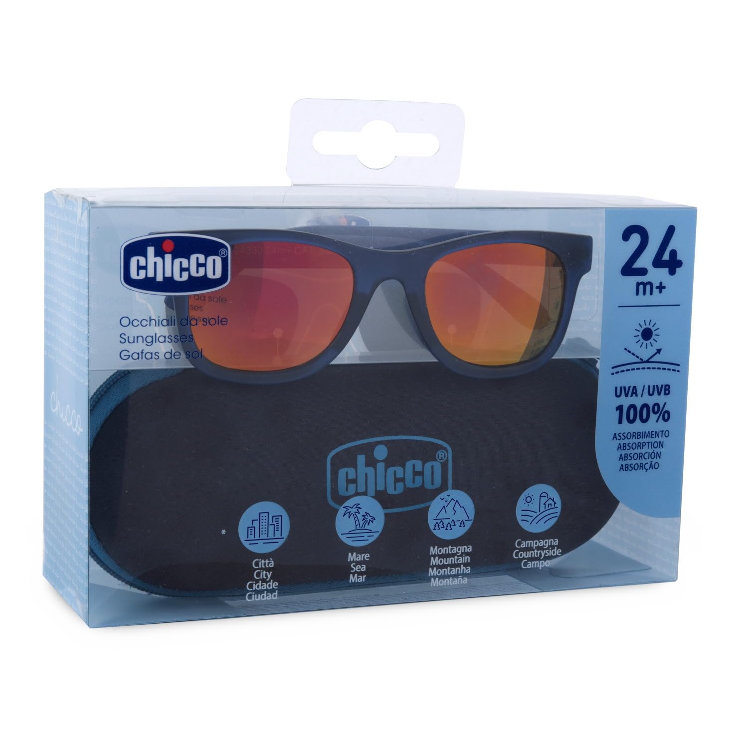 Chicco Occhiali da Sole Bimbo 24 Mesi+, Lenti Resistenti e Antigraffio, Proteggono dai Raggi UVA e UVB, Montatura morbida e flessibile, Lenti colorate a specchio, Custodia Portaocchiali Inclusa, Blu