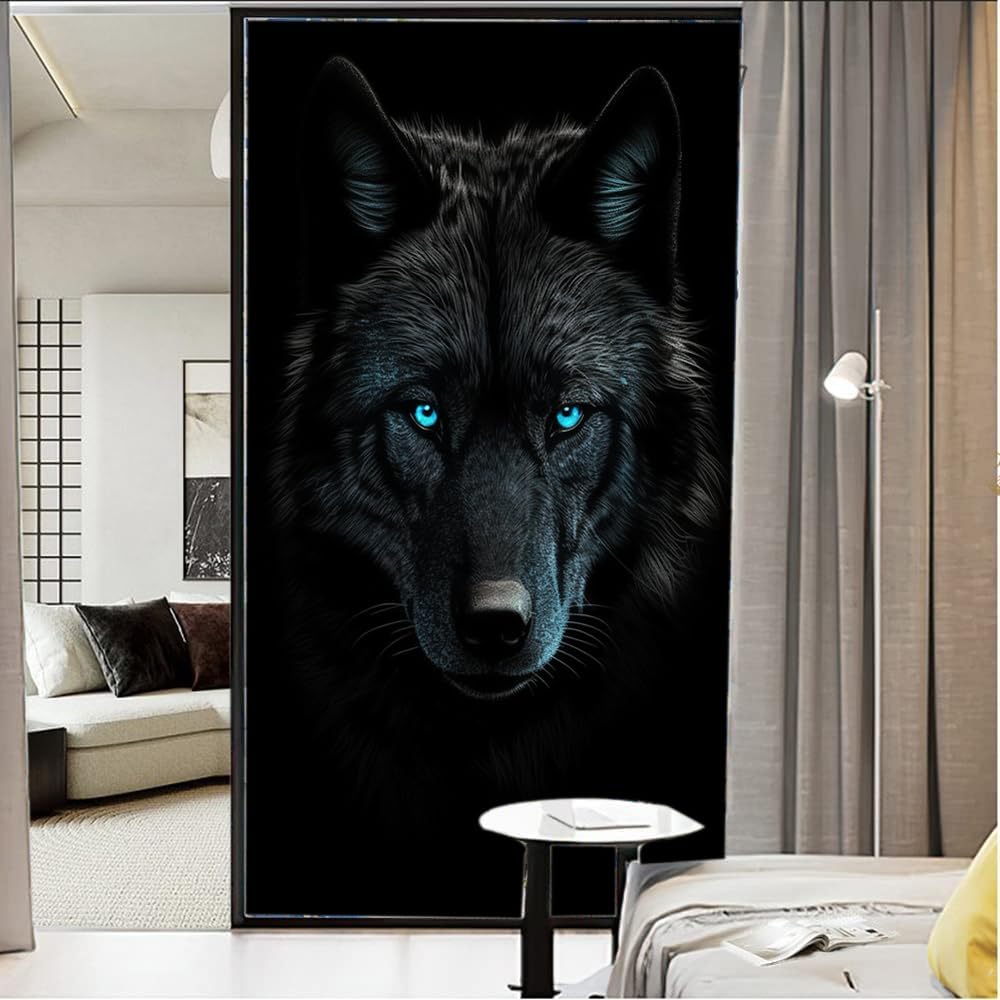 Wildlife Wolf Window Privacy Film Wolf in The Dark Vintage Asian Stained Glass Window Film Decorative Window Cling for Home Window&Glass Door, Sun Blocking 35.4Wx63L