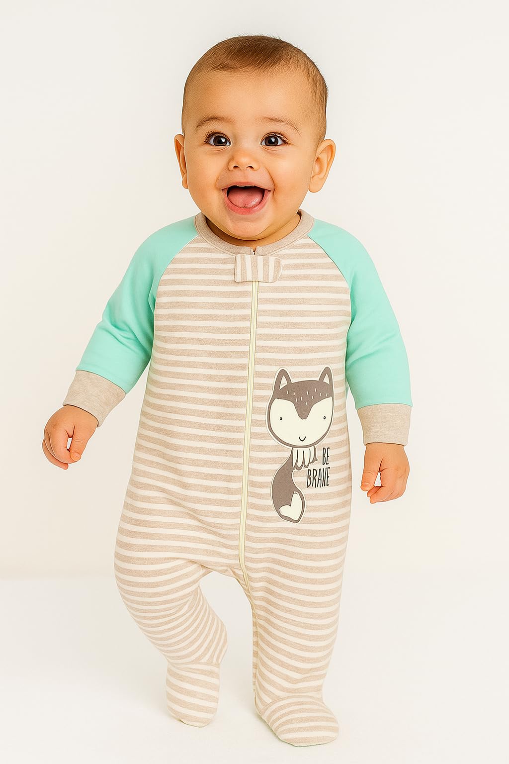 TuddyBuddy 100% Cotton Multi Color Footed Romper Sleepsuit for Baby (0 Months-3 Months, Pack of 3 - Aqua Teddy Bears & Greys) - Image 2 thumbnail