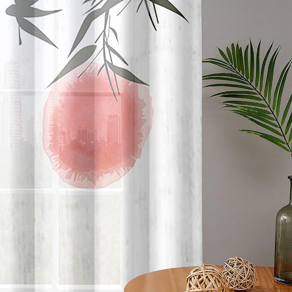 Mateju Rideau Voilage Blanc，Voilage Fenetre 3D Motif Botanique，Rideau Salon Moderne Lot de 2 Semi-Transparent Intérieurs Décoration，pour Cuisine、Chambre (Paysage,140 x 275 cm)