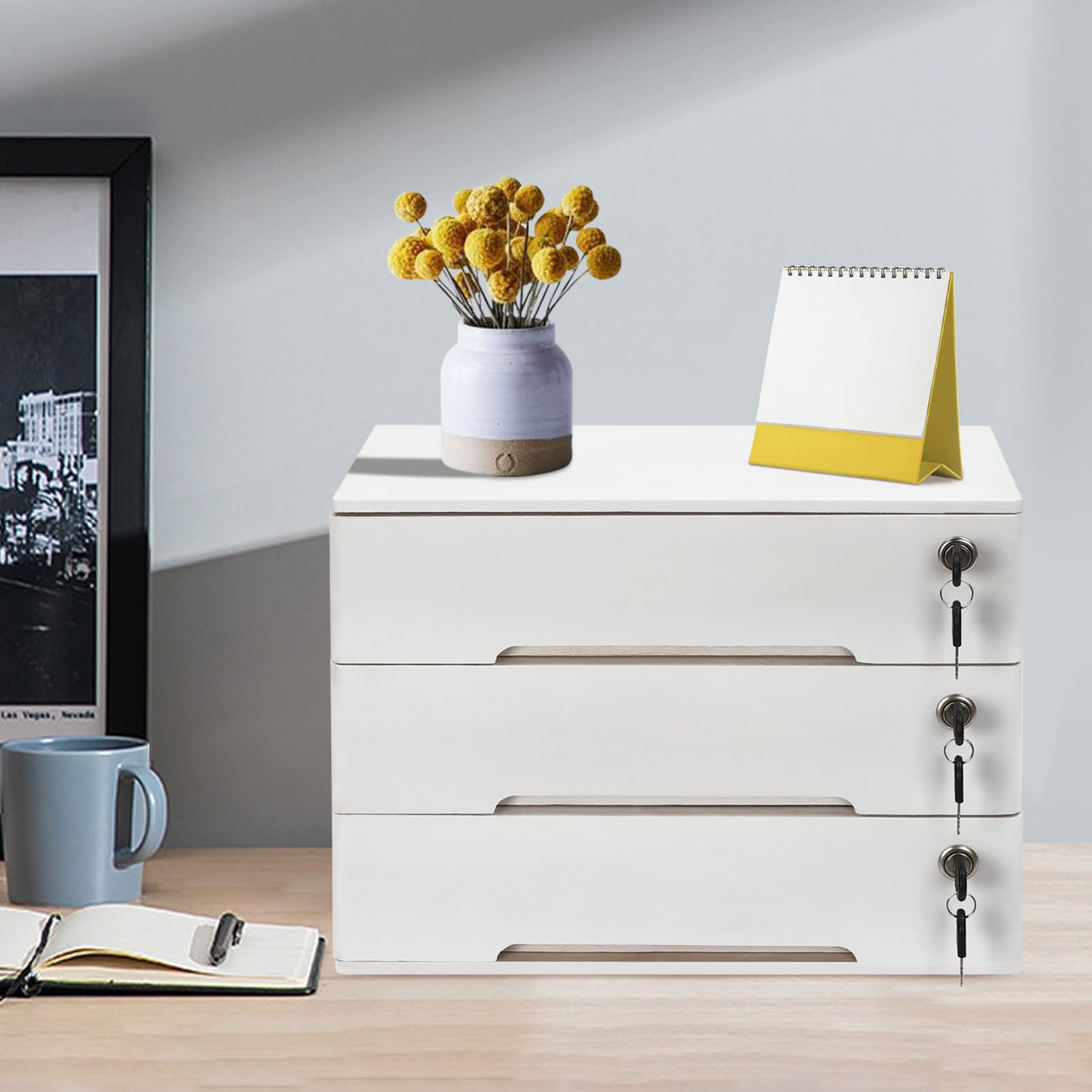 LEYSRIS Wooden Desk Organizer with Lockable Drawers, 3-Tier Countertop Storage Cabinet File Cabinet Jewelry Organizer Home Office Supplies Organization Unit (White-3 Lock)