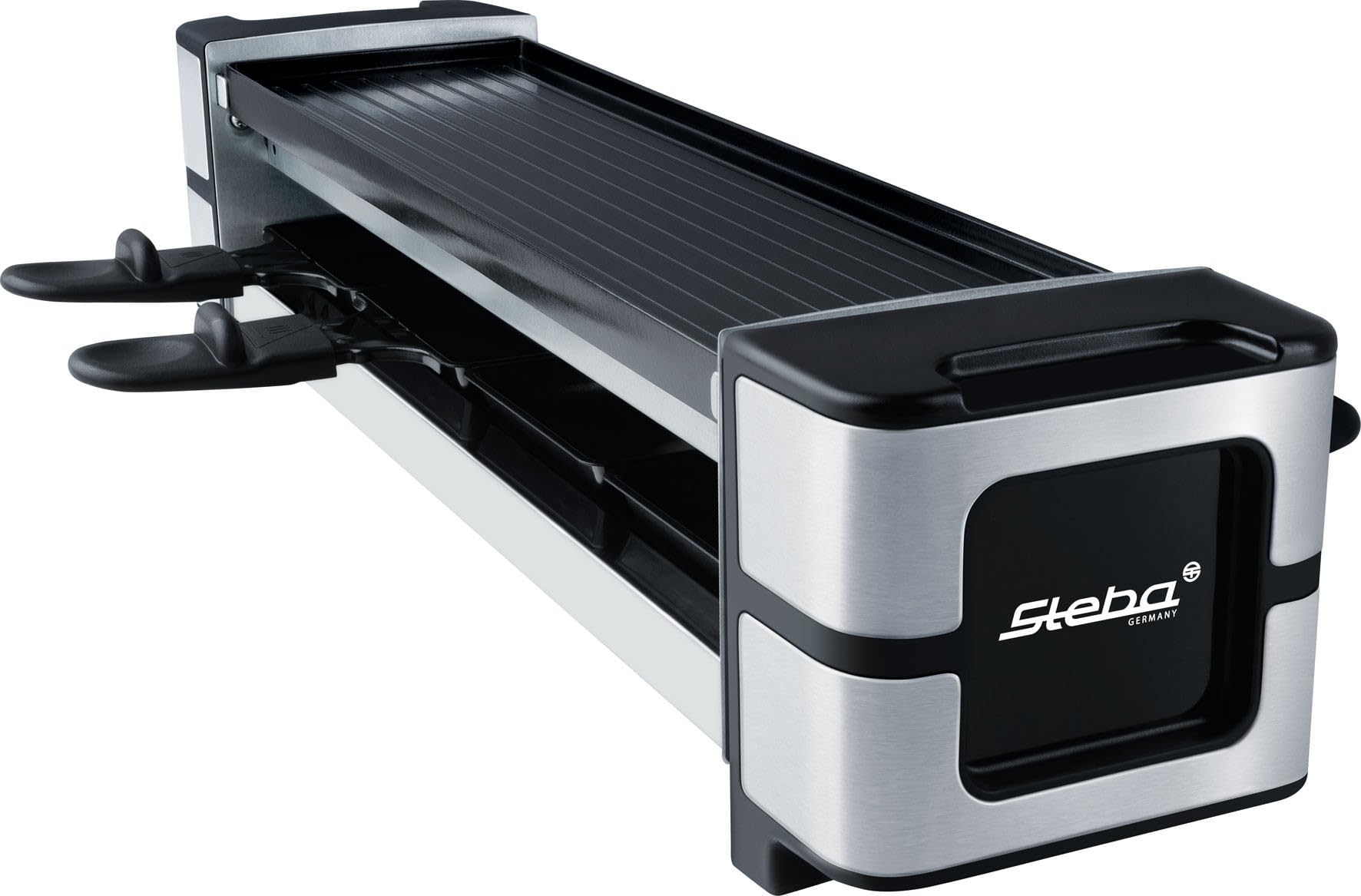 Steba RC 140 Guss-Raclette mit 4 Antihaft Pfännchen | PFAS-freie Keramikbeschichtung, Wendbare Grillplatte, Stufenloser Regler, 38,5 x 11 cm Grillfläche
