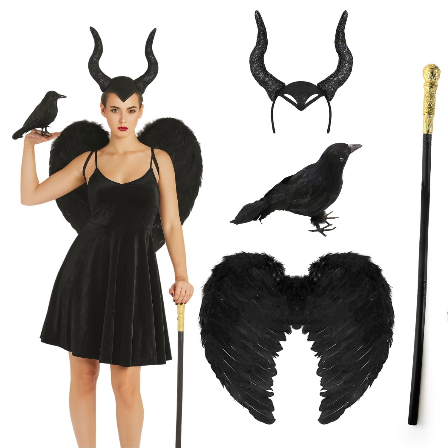 Ladies Dark Fairy Villain Costume Set – Black Horn Headband, Wings, Raven Prop & Staff – Halloween & Fancy Dress