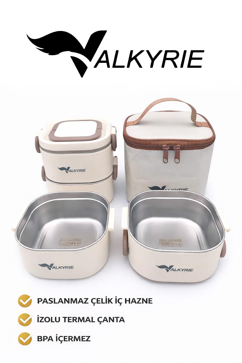 Valkyrie 1300 ML 2 Katlı Paslanmaz Çelik Yemek Kabı – Termal Taşıma Çantalı, Sızdırmaz, BPA İçermez