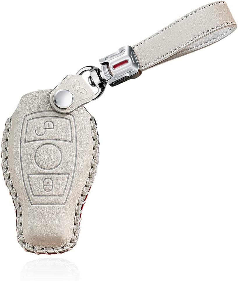 HIBEYO 2022 Luxury Leather Key Fob Cover for Mercedes Benz C E S M CLS CLK G Class Car Key Case Holder with Keychains Accessories for Benz Smart Auto Key 2 Buttons-White