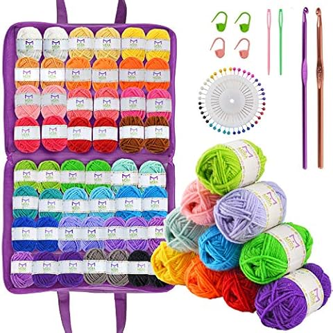 Mira Handcrafts 50 Acrylic Yarn Skeins, Total 1094 Yards Crafts Yarn - 4 Crochet Locking Stitch Markers, 2 Crochet Hooks, 2 Needles, Crochet Knitting Carry Bag, Set of Pearl Head Pins, 7 PDF E-Books Cover