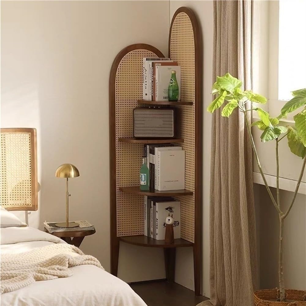 WLYMQFCFree-Standing Wood Corner Display Shelf, Tall Bookcase, Display Corner Shelving Unit with Storage, Wood Rattan Storage Rack, Decorative Screen Shelf for Bedroom,A