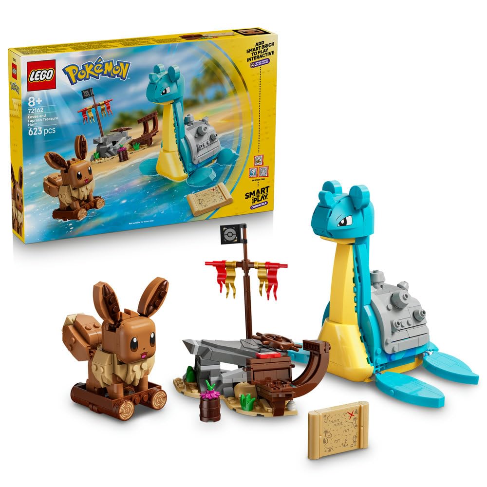 LEGO Pokémon SMART Play: Eevee i Lapras — poszukiwanie skarbów 72162 | Interaktywna zabawka z figurkami Pokémonów z klocków, zestaw kompatybilny, prezent dla dzieci 8+, 3 SMART Tagi, 623 elementy