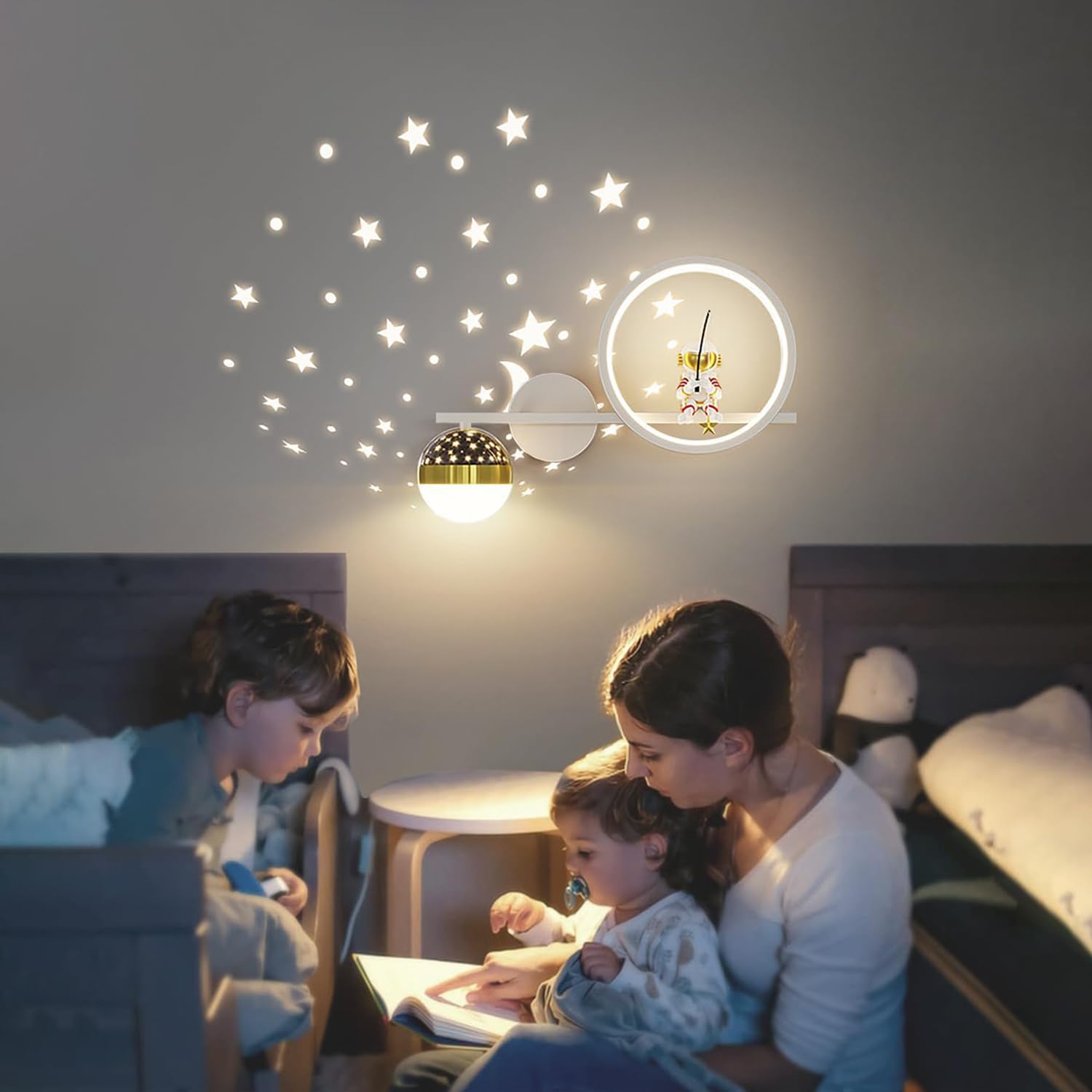 KZT Lampa ścienna LED do pokoju dziecięcego, z przełącznikiem dotykowym, ściemniana, lampka nocna, gwiaździste niebo, astronauta, lampka nocna, nowoczesna lampka do czytania dla dzieci, 30 W, białe