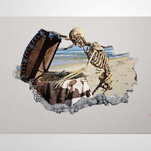 Sk399 - Calcomanía de pared de esqueleto pirata, decoración 3D del tesoro destrozado playa, póster impreso, regalo, calcomanías de pared
