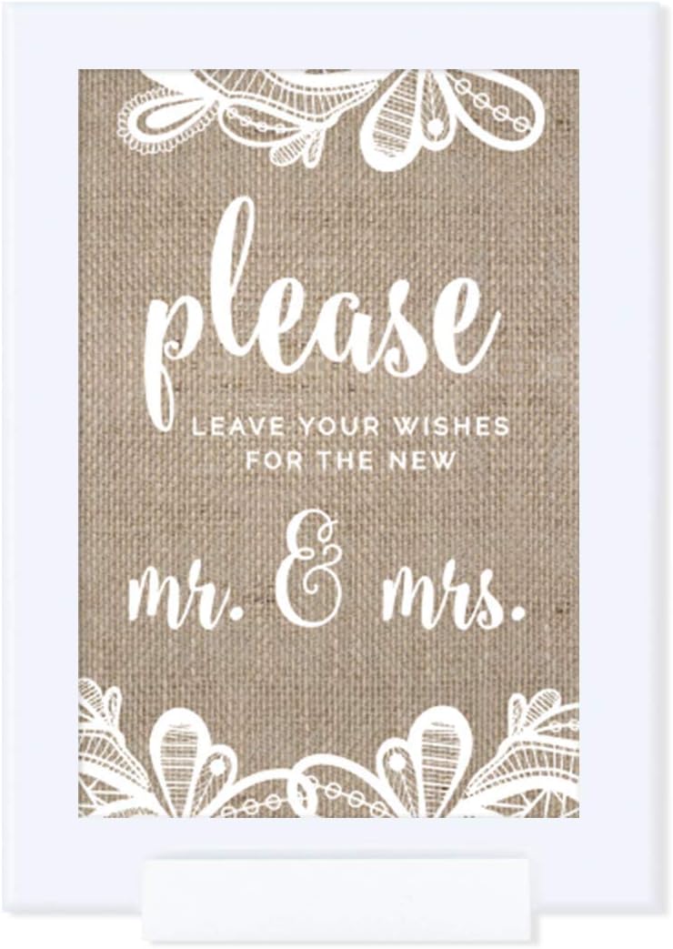 Andaz Press Burlap Lace Print Wedding Collection, Framed Party Signs, Please Leave Your Wishes for The New Mr. & Mrs, 4x6-inch, 1-Pack, Includes Frame
