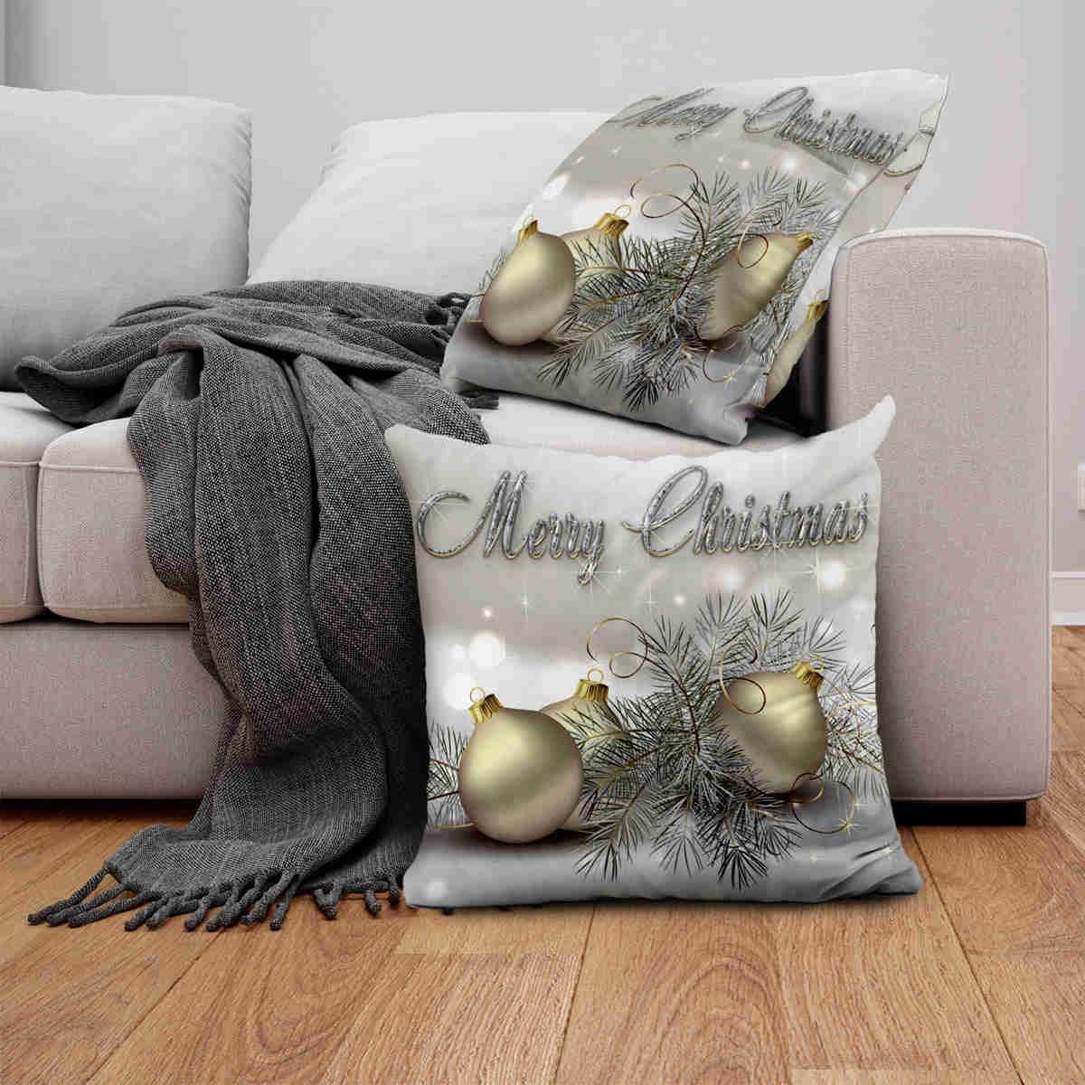 Set of 2 Throw Pillow Covers Gold Silver Shimmer Christmas Ornaments Cushion Cases Home Office Sofa Hidden Zipper Pillowcase 22x22 Inches